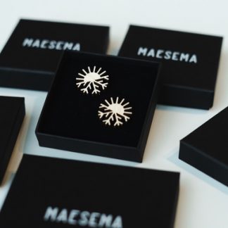 kuvassa koivuvanerista valmistetut oulu2026 korvakorut mustassa korurasiassa